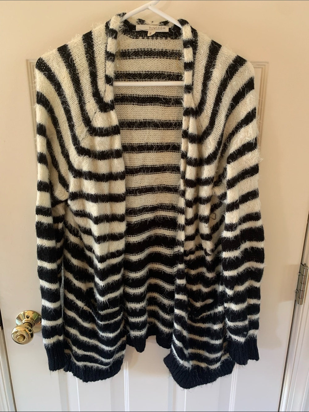 Rewind Black & White Striped Fuzzy Open-Front Cardigan